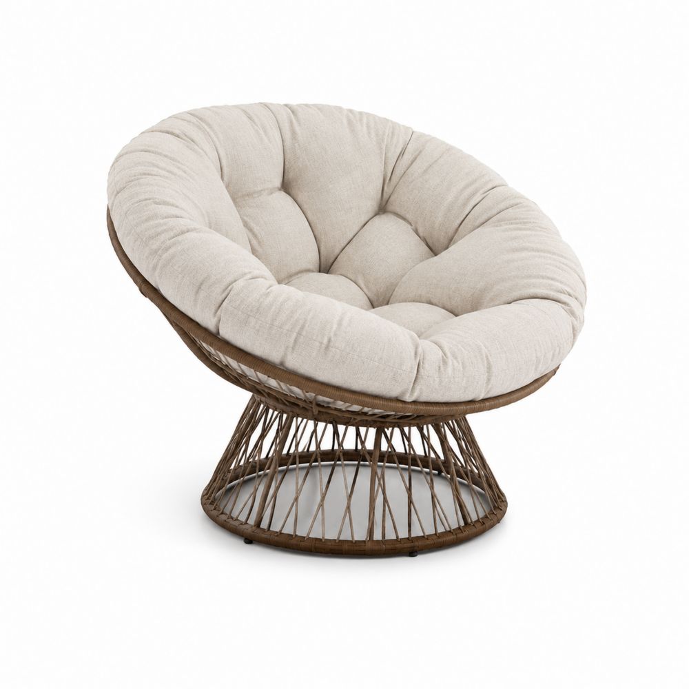 Fauteuil rond en rotin avec coussin en lin