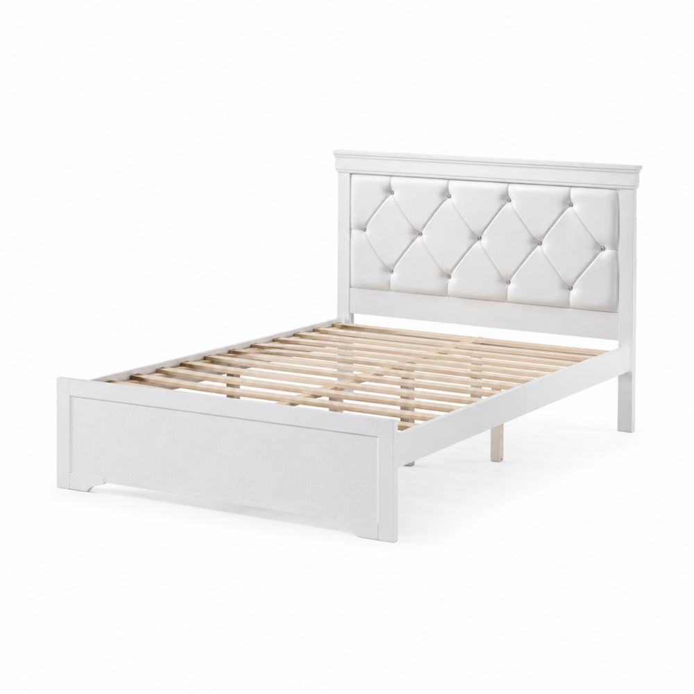 Lit simple en bois avec tête de lit en similicuir 190x90 cm Blanc
