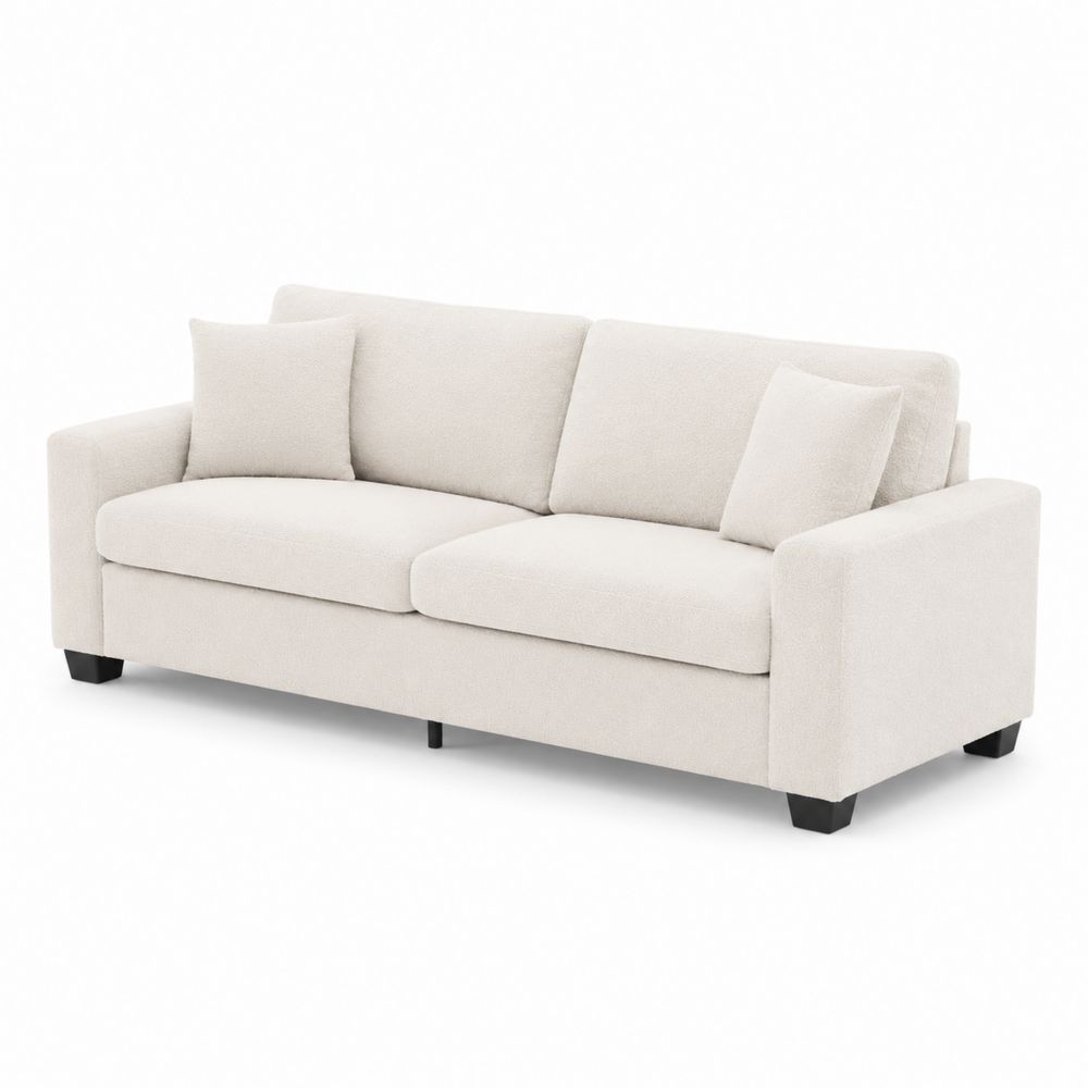 Canapé 3 places en tissu polyester crème avec coussins