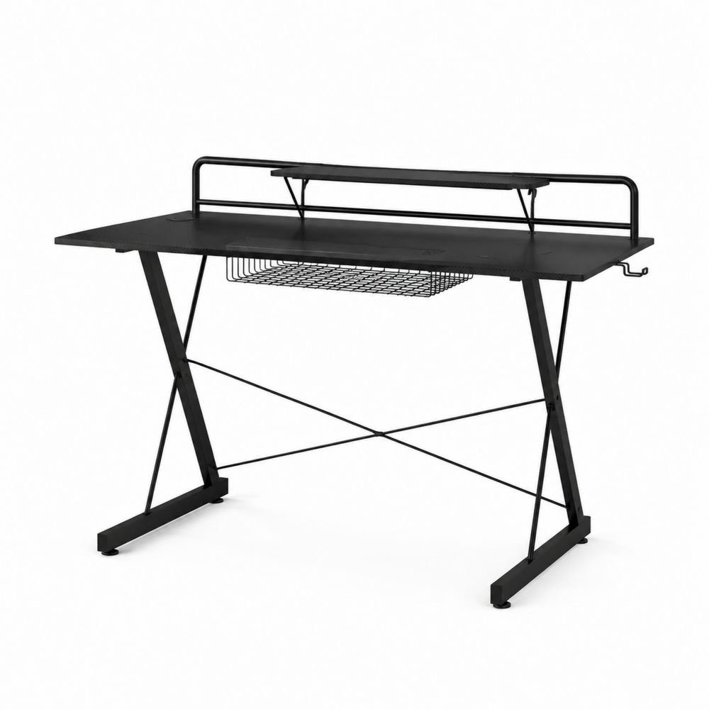 Bureau en métal noir avec étagère et panier de rangement, 120x60x75cm