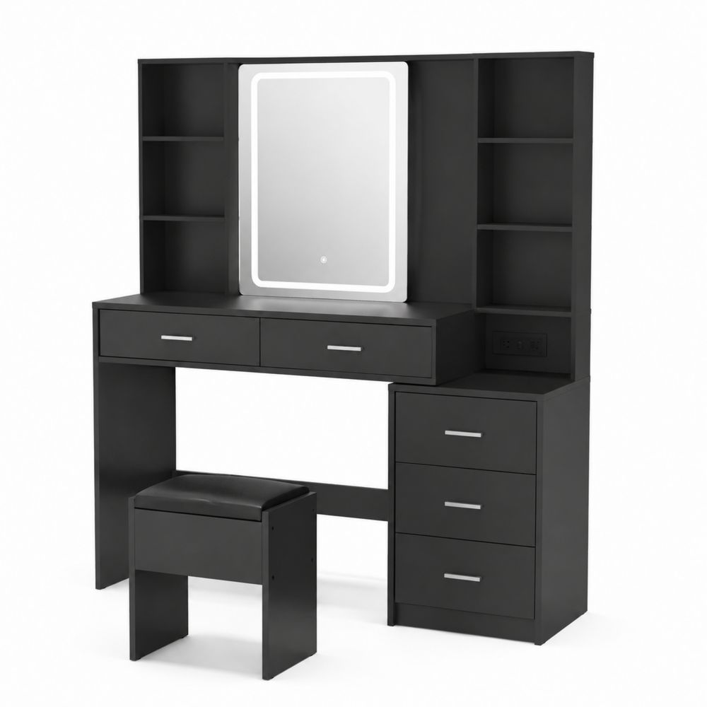 Coiffeuse en bois MDF avec miroir LED et tabouret Noir