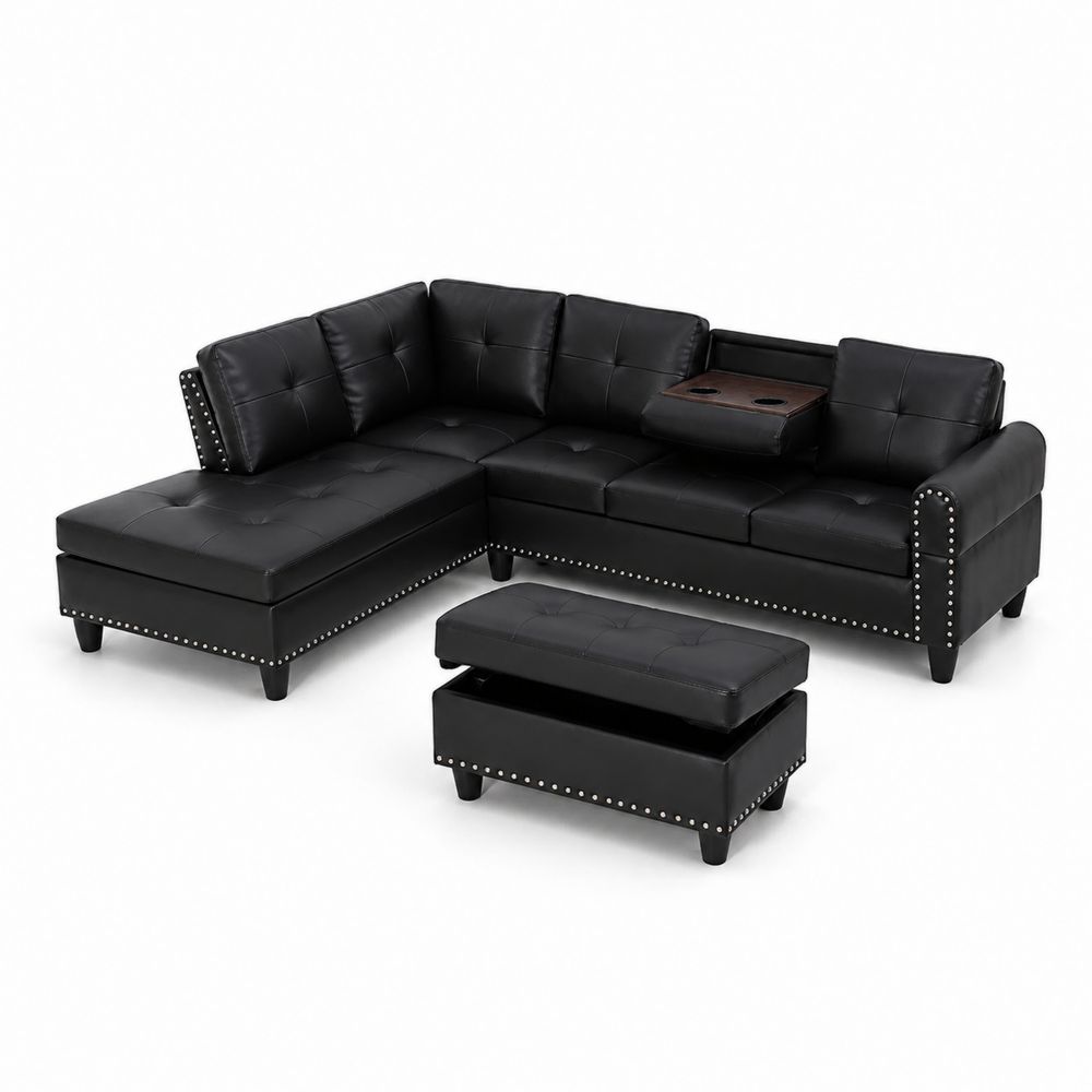 Canapé d'angle en cuir synthétique noir avec repose-pieds