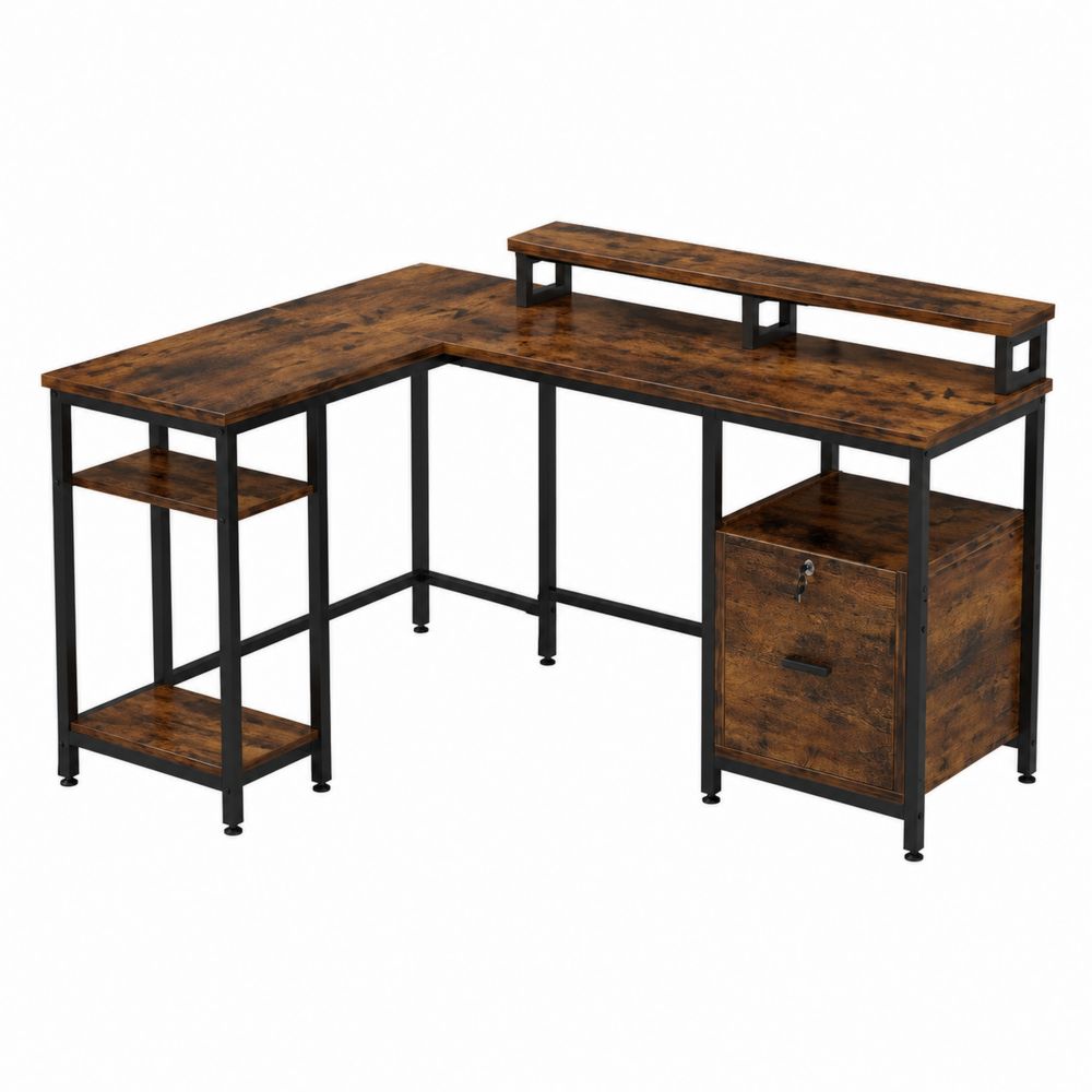 Bureau d'angle en bois et métal avec étagères