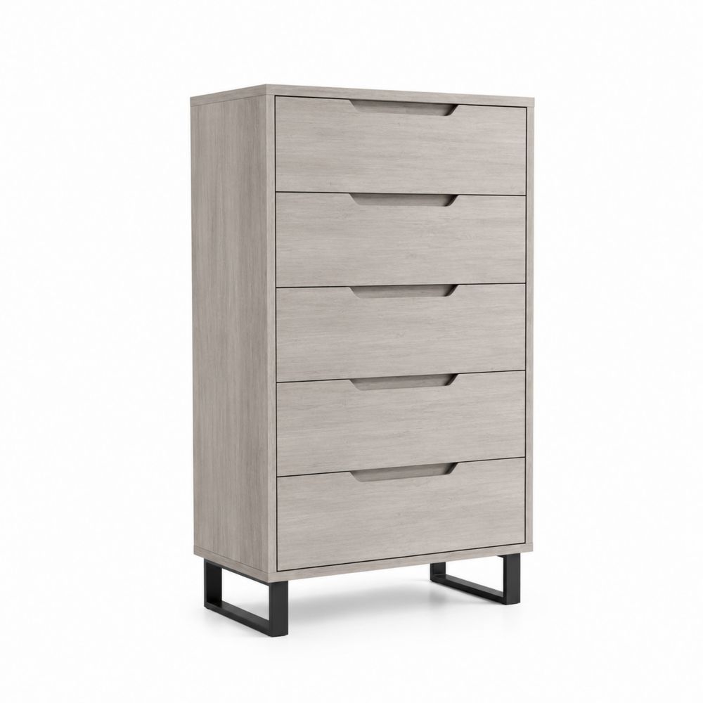 Commode haute 5 tiroirs en bois avec pieds en métal noir