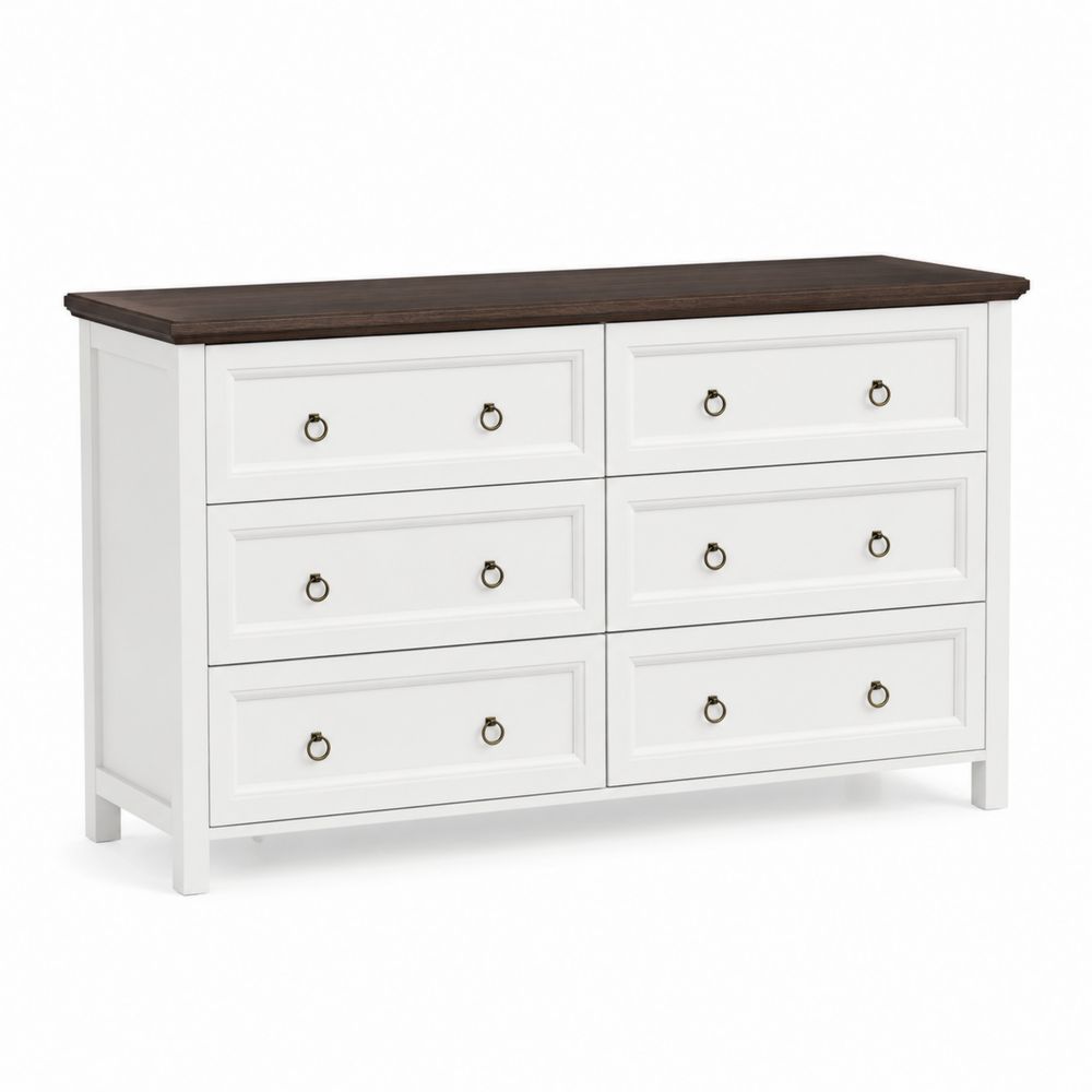 Commode 6 Tiroirs en Bois Blanc et Marron