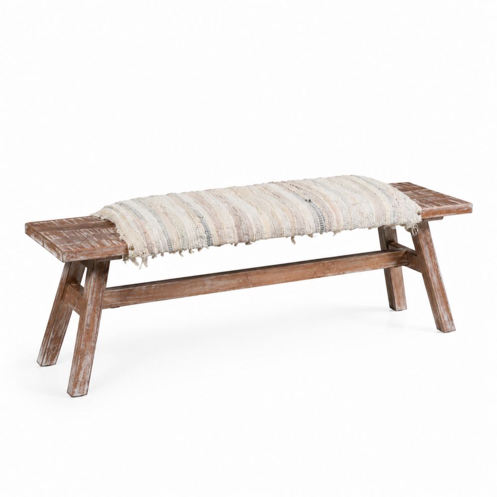 Banc en bois massif avec coussin en coton rayé, 120 cm