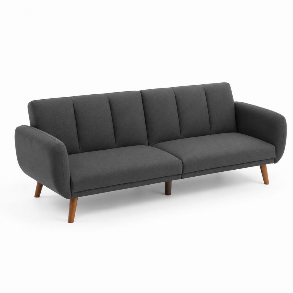 Canapé 3 places convertible en tissu gris avec pieds en bois