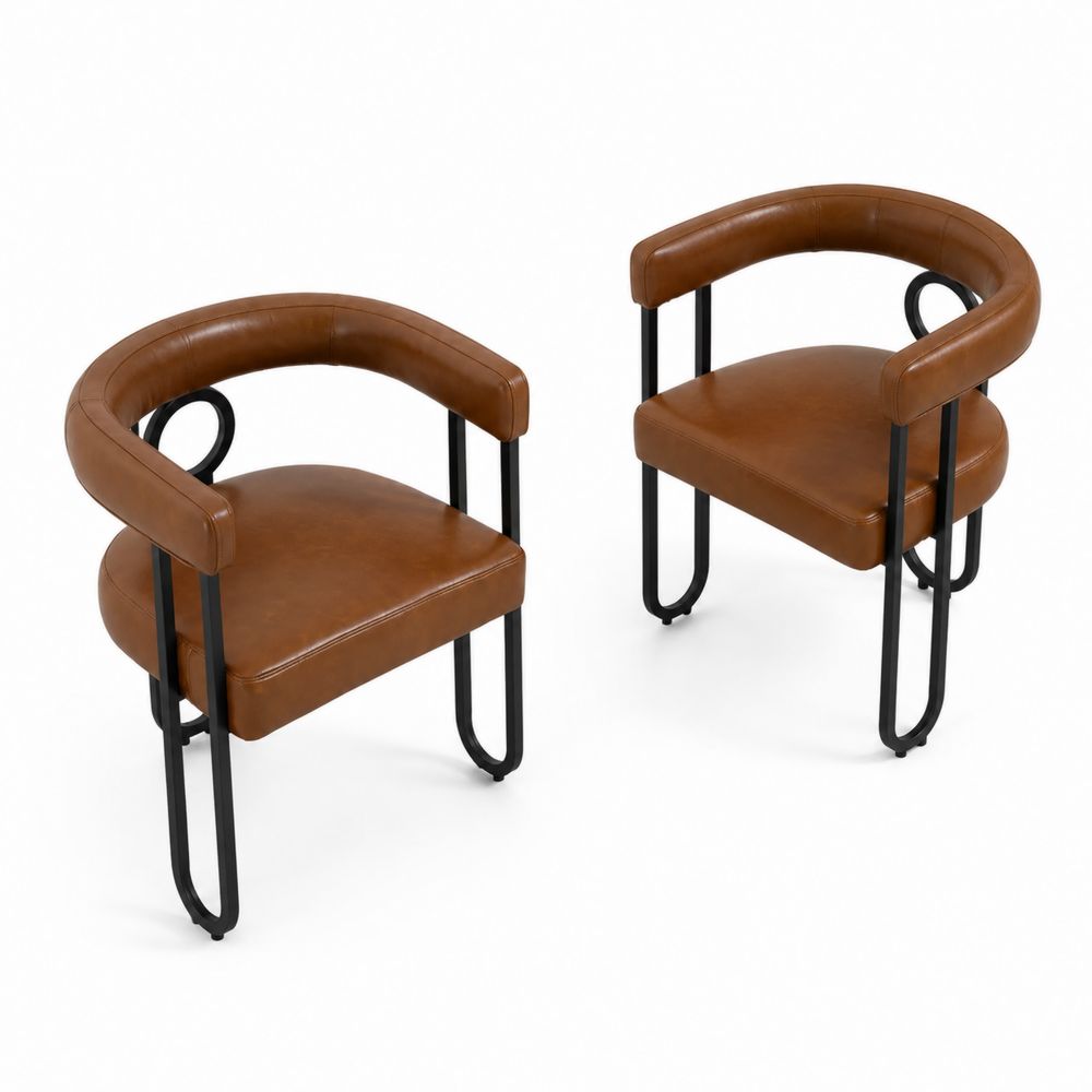 Lot de 2 chaises en similicuir marron avec structure en métal noir