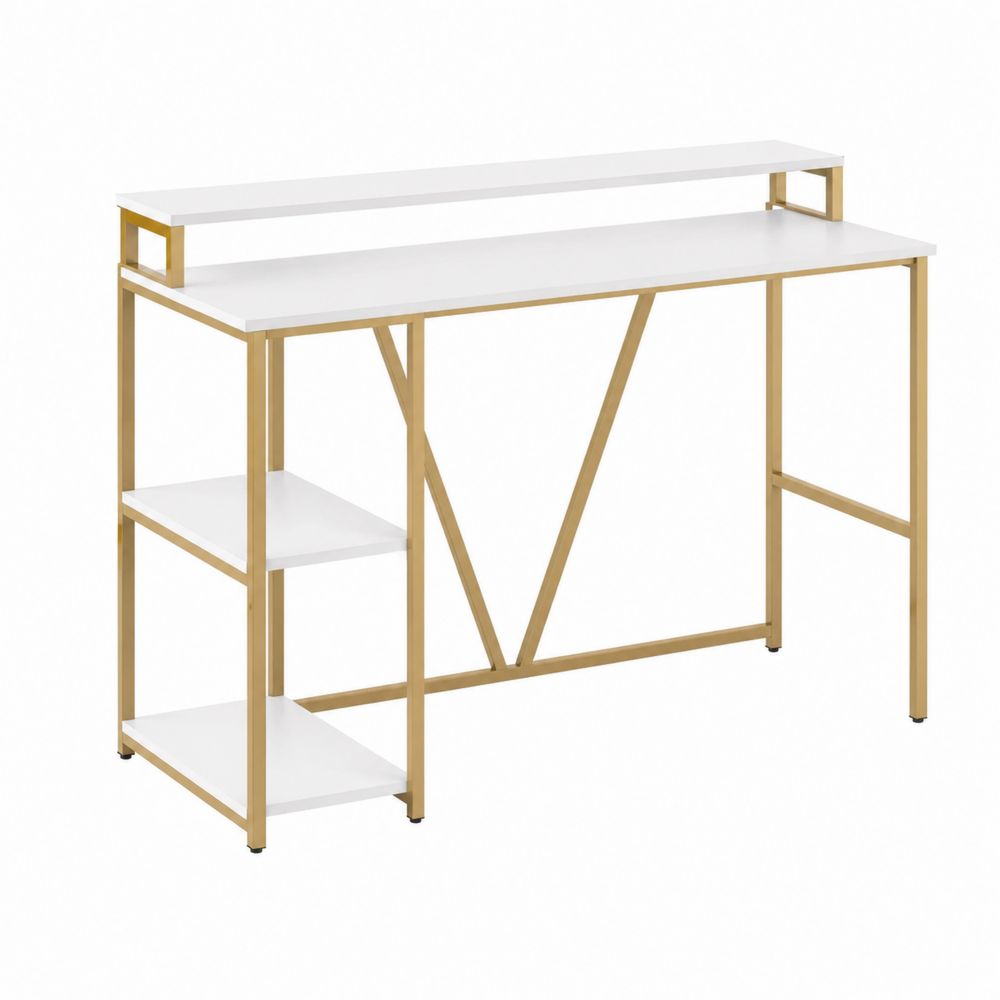 Bureau en MDF Blanc avec Étagères en Métal Doré