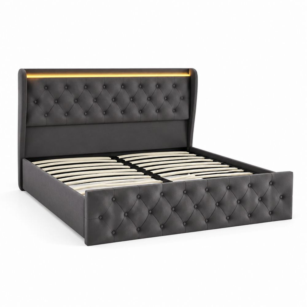 Lit double en cuir et bois avec éclairage LED - Noir 200x150 cm