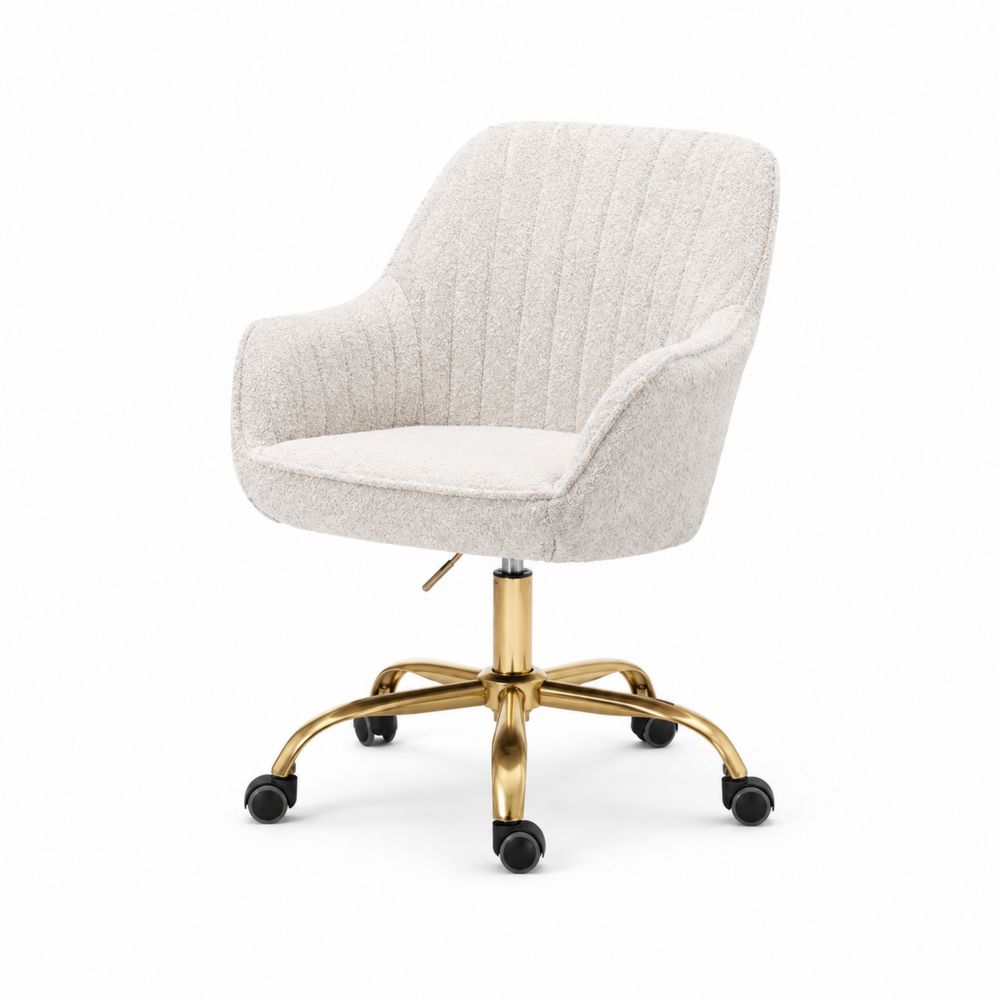 Chaise de bureau pivotante en tissu crème avec base en métal doré
