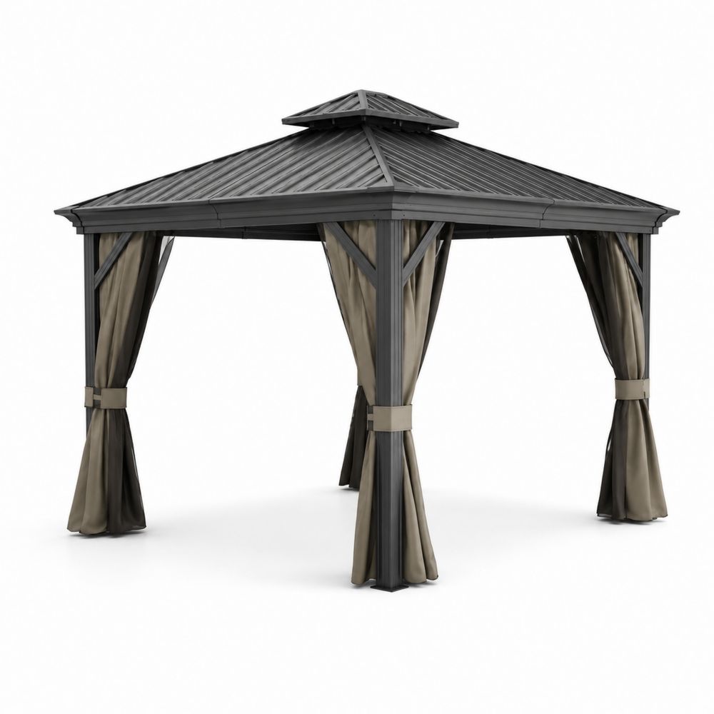 Pavillon de jardin 3x3m en aluminium avec toit en acier Galvanisé Gris et rideaux en Polyester Brun