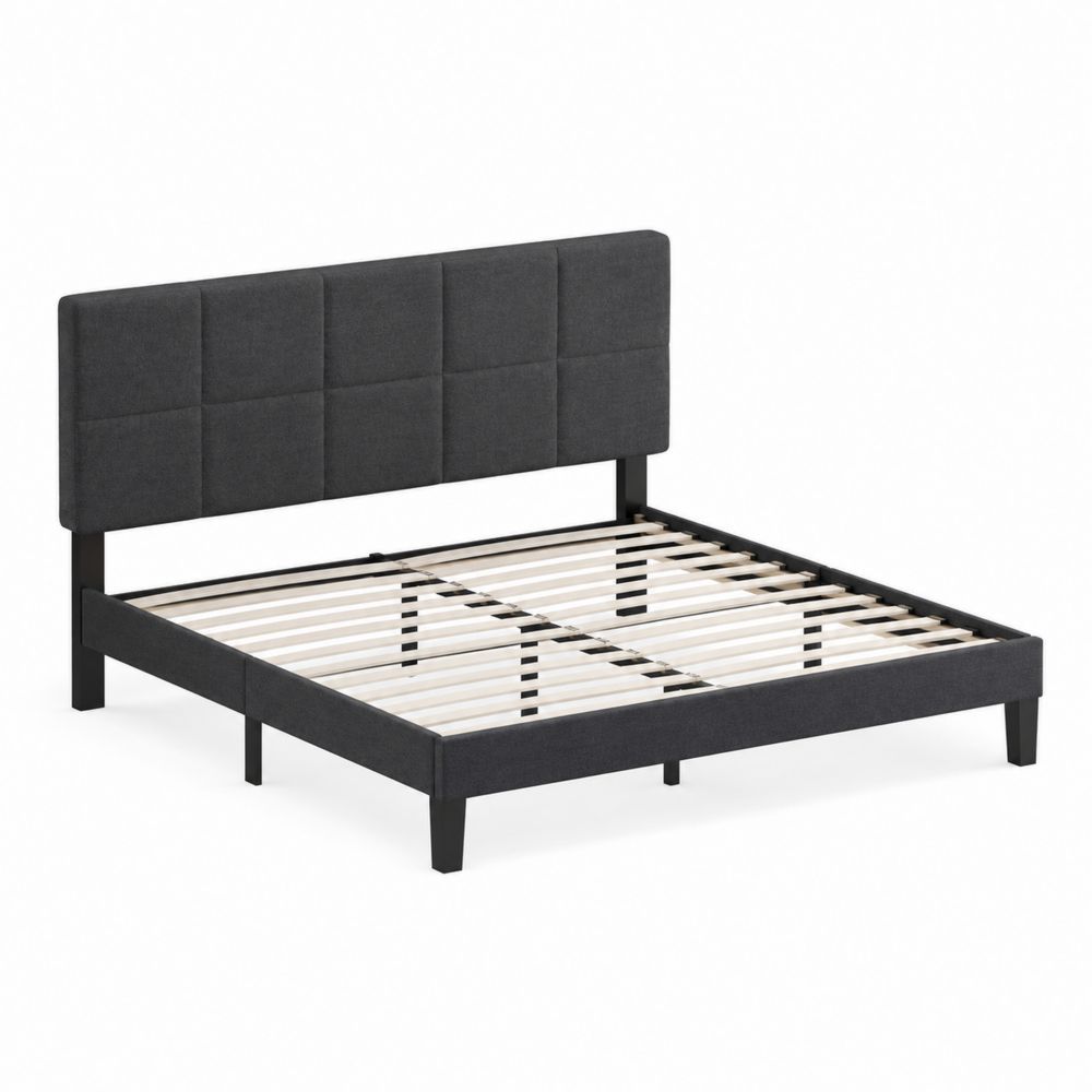 Lit double en bois avec tête de lit en tissu polyester, 200 x 160 cm