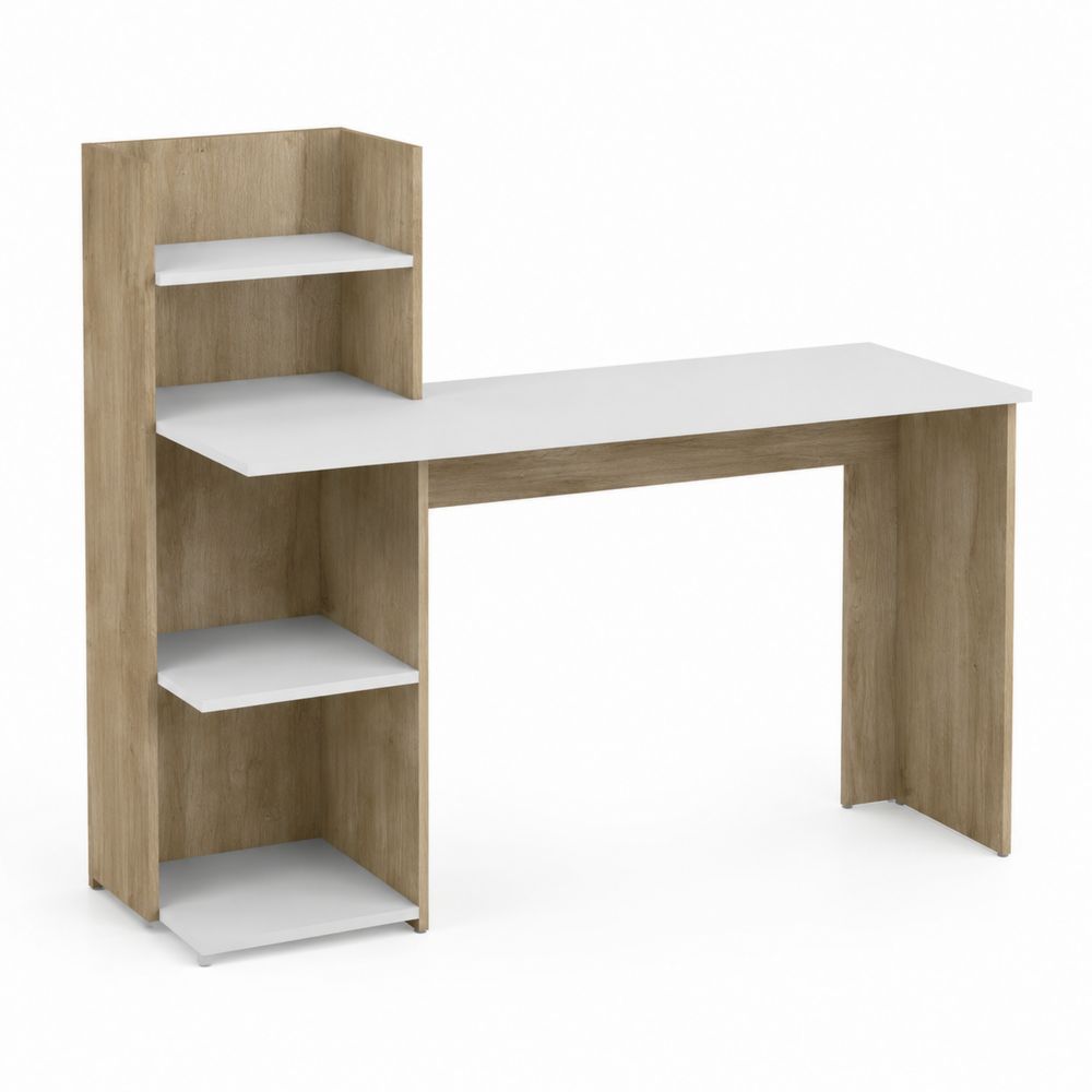 Bureau d'angle avec étagères intégrées en bois et stratifié blanc 120x48x121 cm