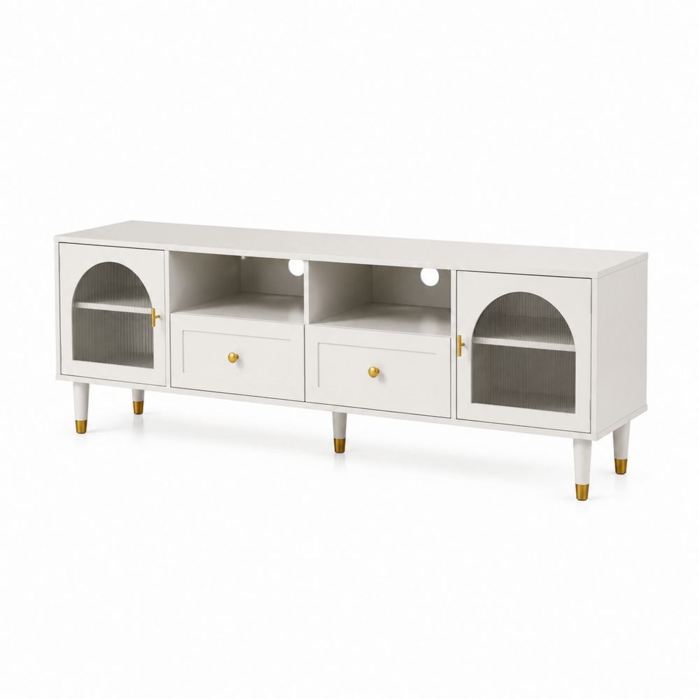 Meuble TV en bois avec portes en verre cannelé blanc