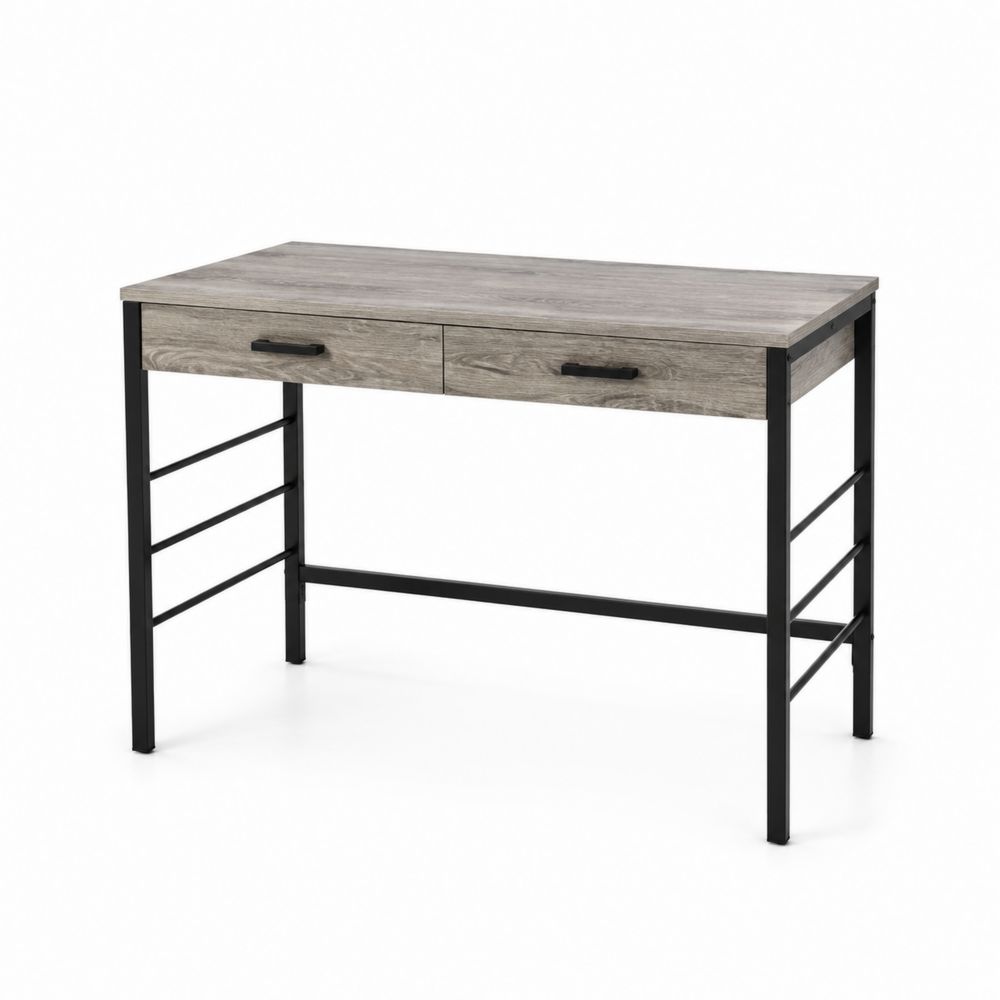Bureau rectangulaire en bois et métal avec deux tiroirs Gris