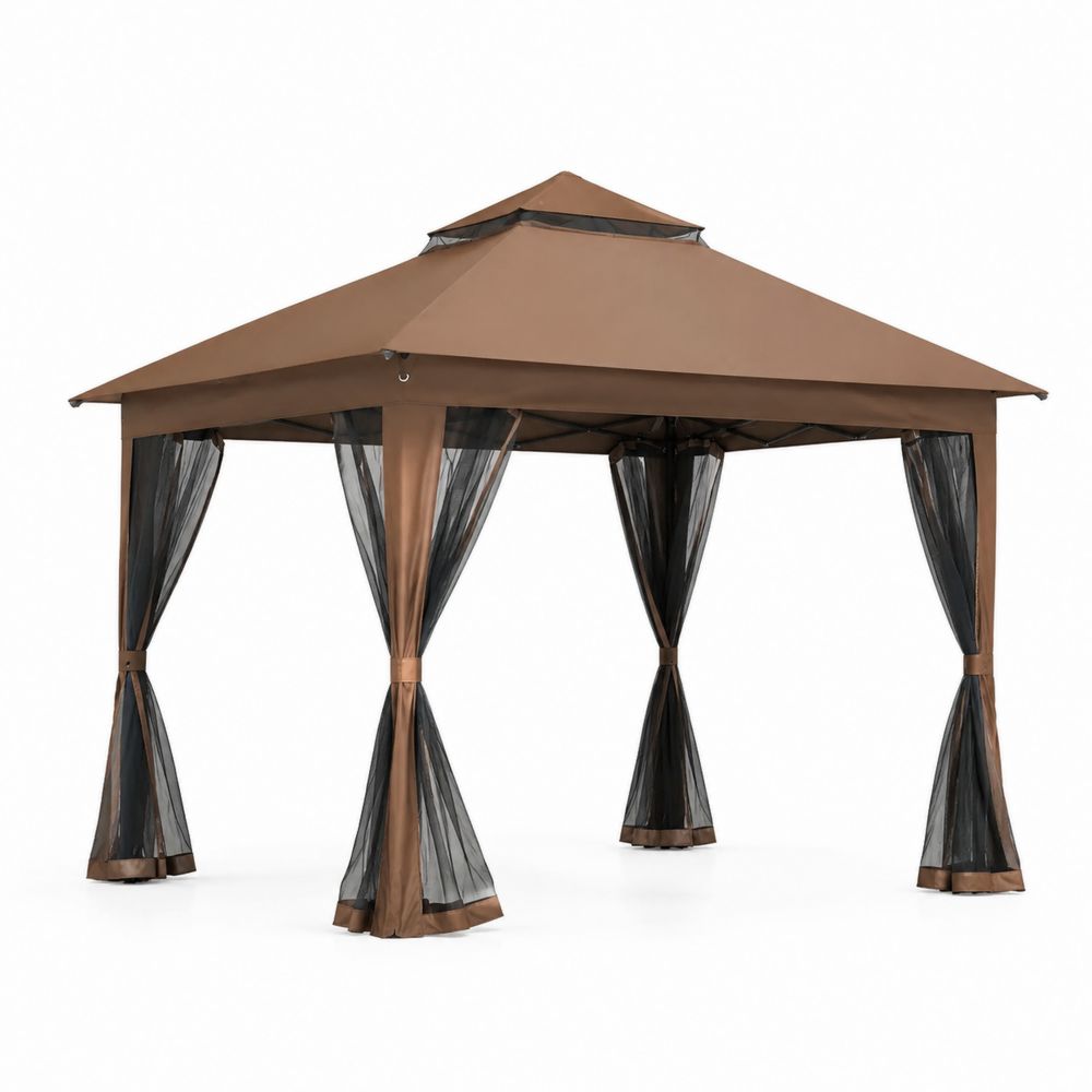 Pavillon de jardin en acier brun avec rideaux en polyester 3x3m