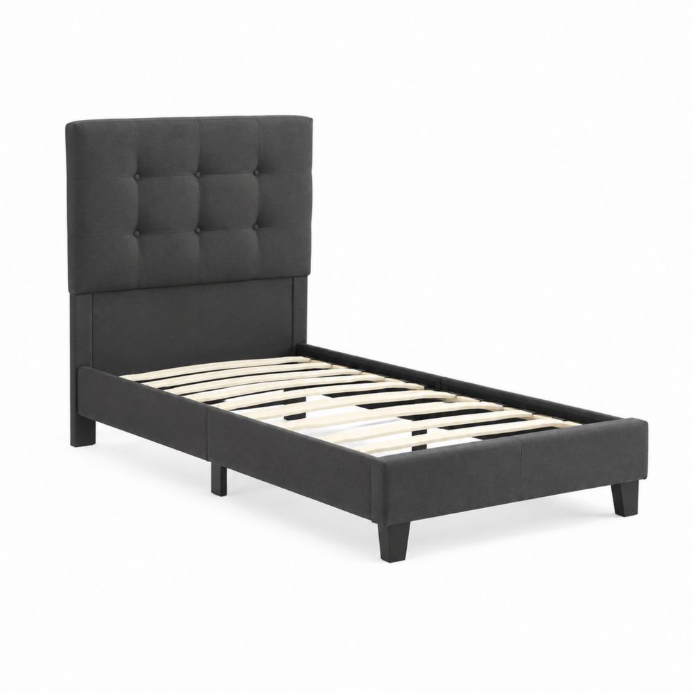 Lit simple en bois et tissu gris 90x190 cm