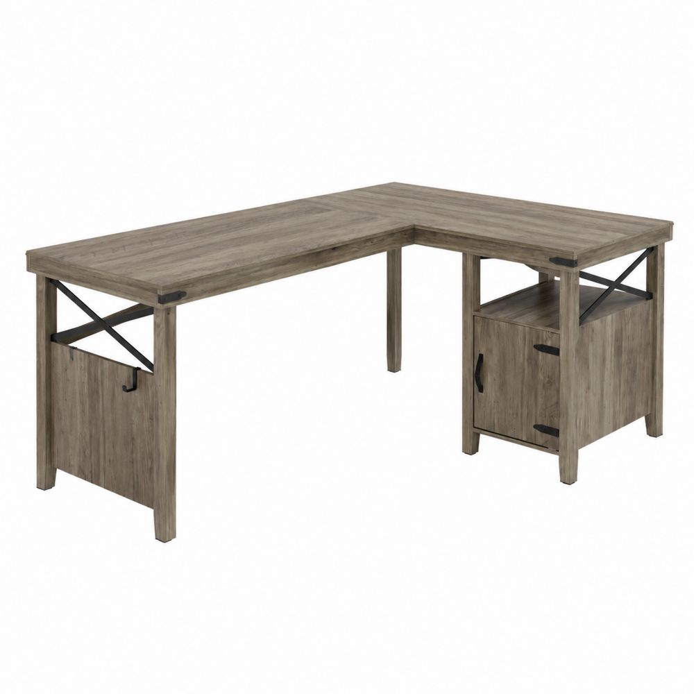 Bureau d'angle en L en bois couleur Chêne avec placard et étagère