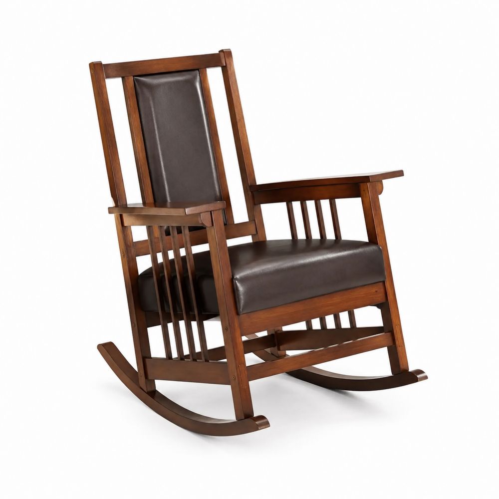Chaise berçante en bois avec assise en cuir synthétique marron
