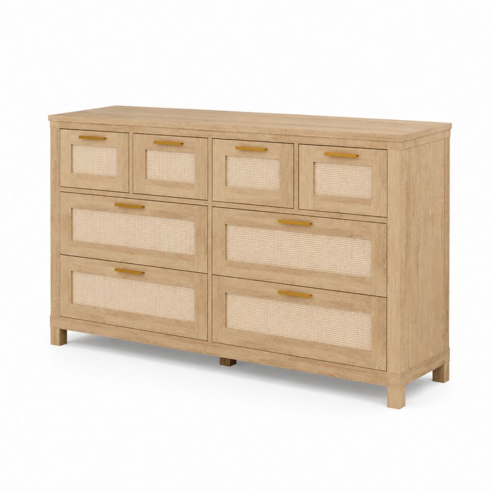 Commode en bois avec tiroirs en rotin
