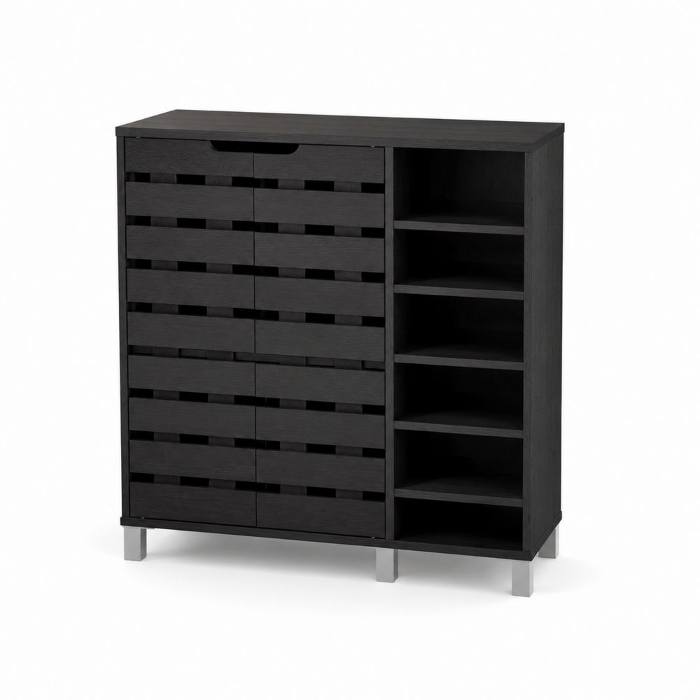 Buffet Noir en Bois Composite avec Tiroirs et Étagères Ouvertes