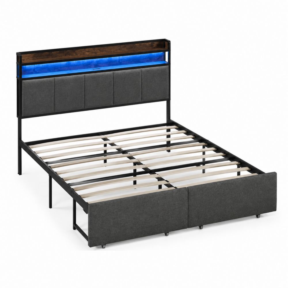 Lit double en métal avec tête de lit rembourrée et éclairage LED, 200x160 cm, Bois/Gris