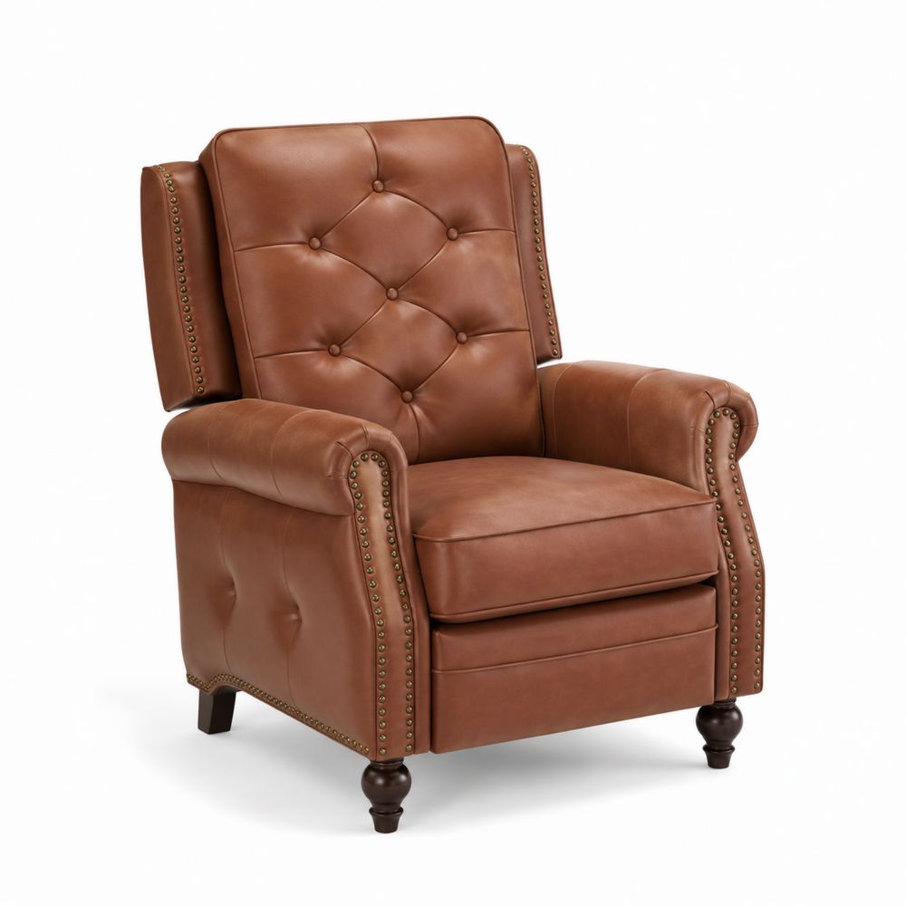 Fauteuil inclinable en cuir marron avec clous en laiton