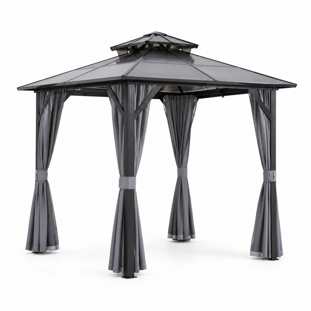 Tonnelle de jardin en métal avec toit rigide en polycarbonate et rideaux en polyester Gris
