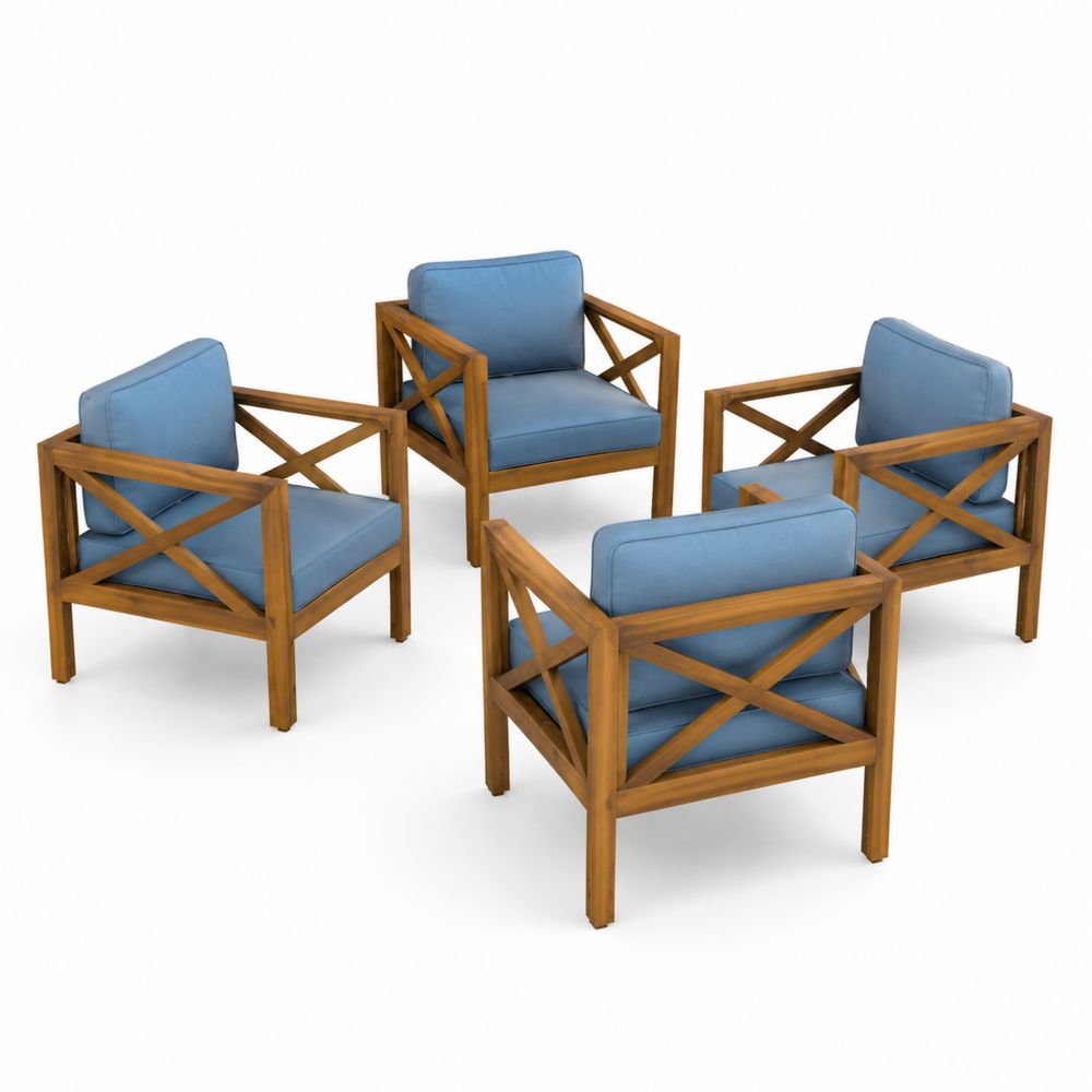 Lot de 4 fauteuils en bois avec coussins en tissu