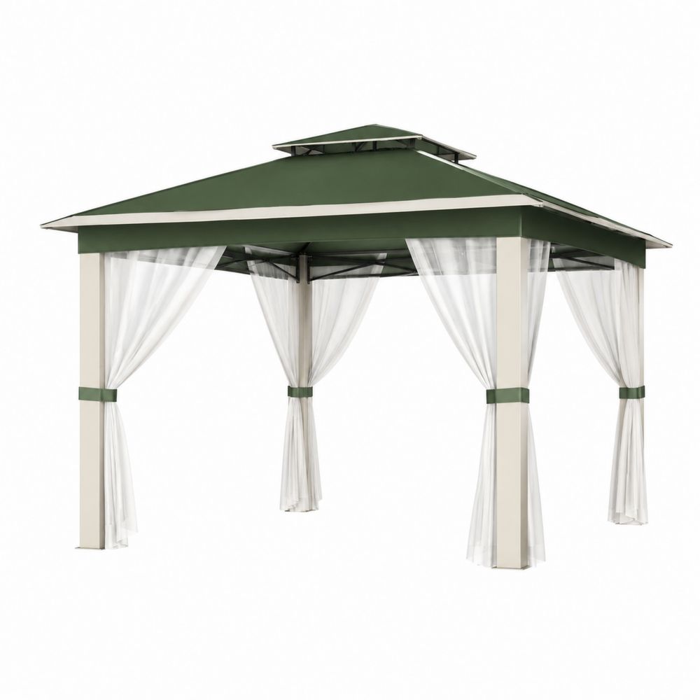 Pavillon de jardin en aluminium avec toit en polyester vert et rideaux transparents