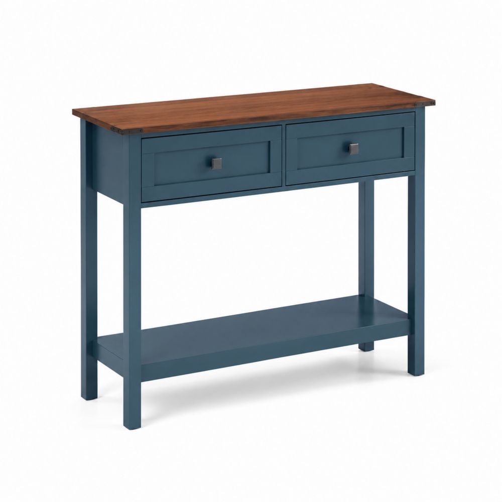 Console rectangulaire en bois et métal bleu avec 2 tiroirs 120x35x80 cm