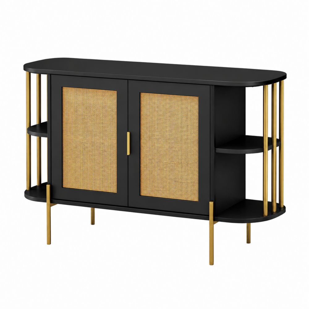 Buffet en bois et cannage 2 portes Noir/Or