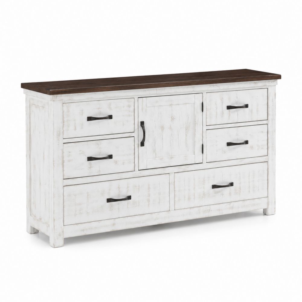 Commode en bois avec plateau marron, 6 tiroirs et 1 porte