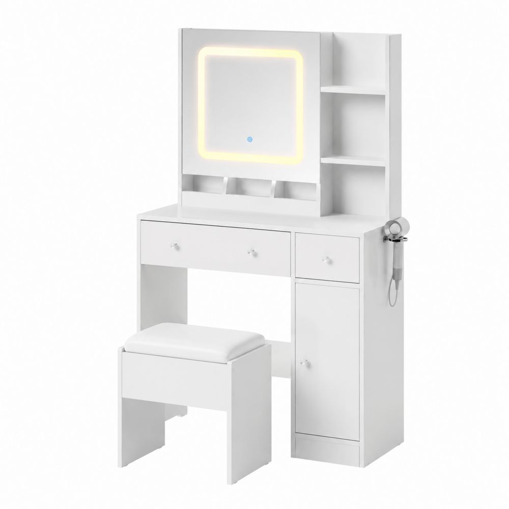 Coiffeuse Blanche avec Miroir LED et Tabouret