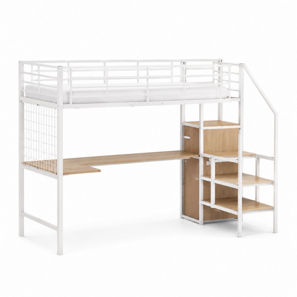 Lit mezzanine simple en métal blanc avec bureau intégré et escalier de rangement