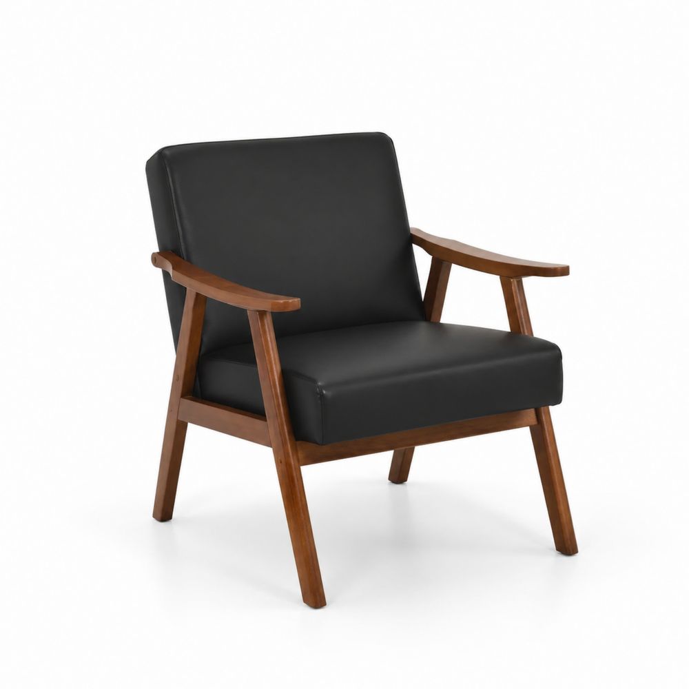 Fauteuil en bois avec accoudoirs en simili-cuir noir