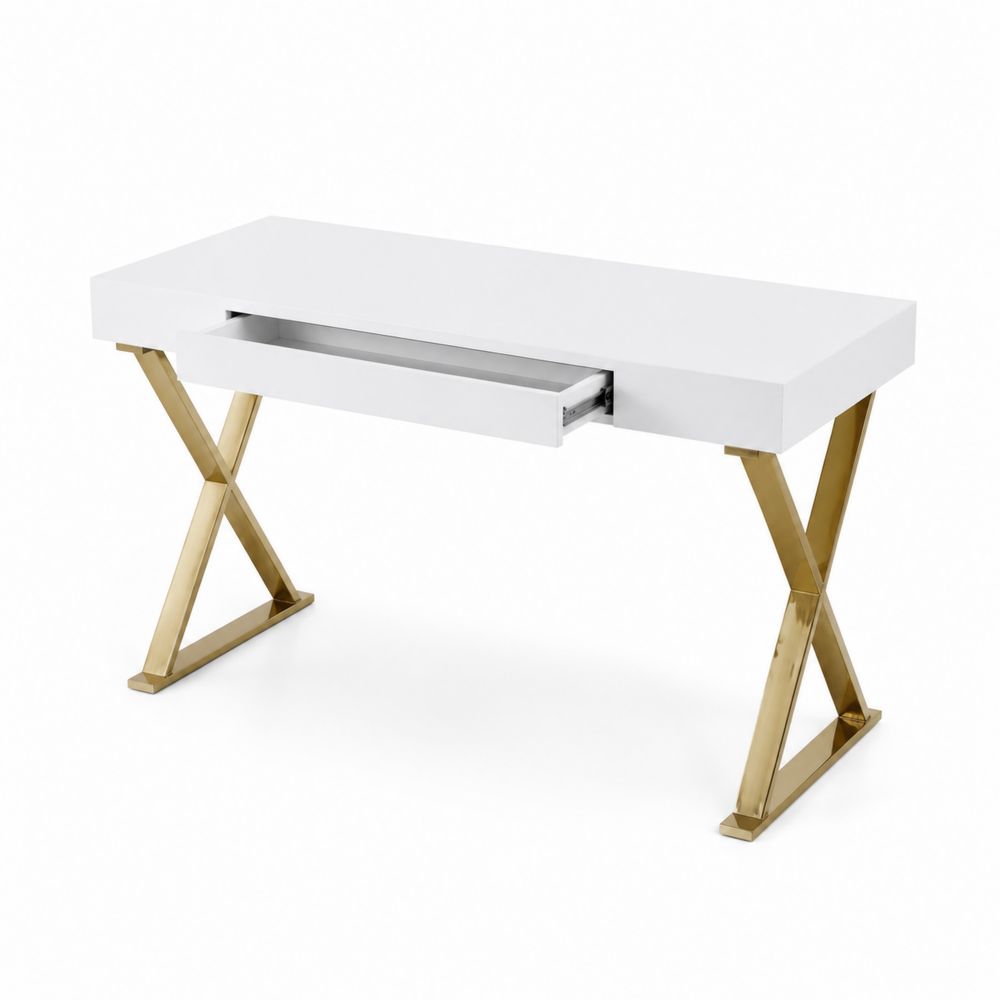 Bureau rectangulaire MDF blanc avec pieds croisés métalliques dorés 140 cm