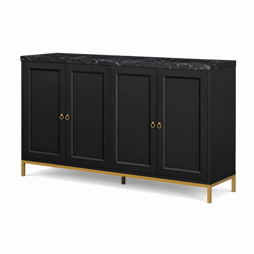 Buffet rectangulaire noir 4 portes avec dessus en marbre et structure métallique dorée