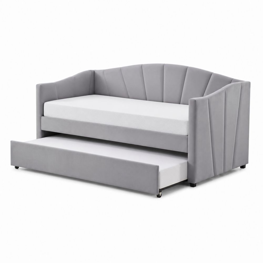 Canapé-lit gigogne en velours gris avec sommier en bois