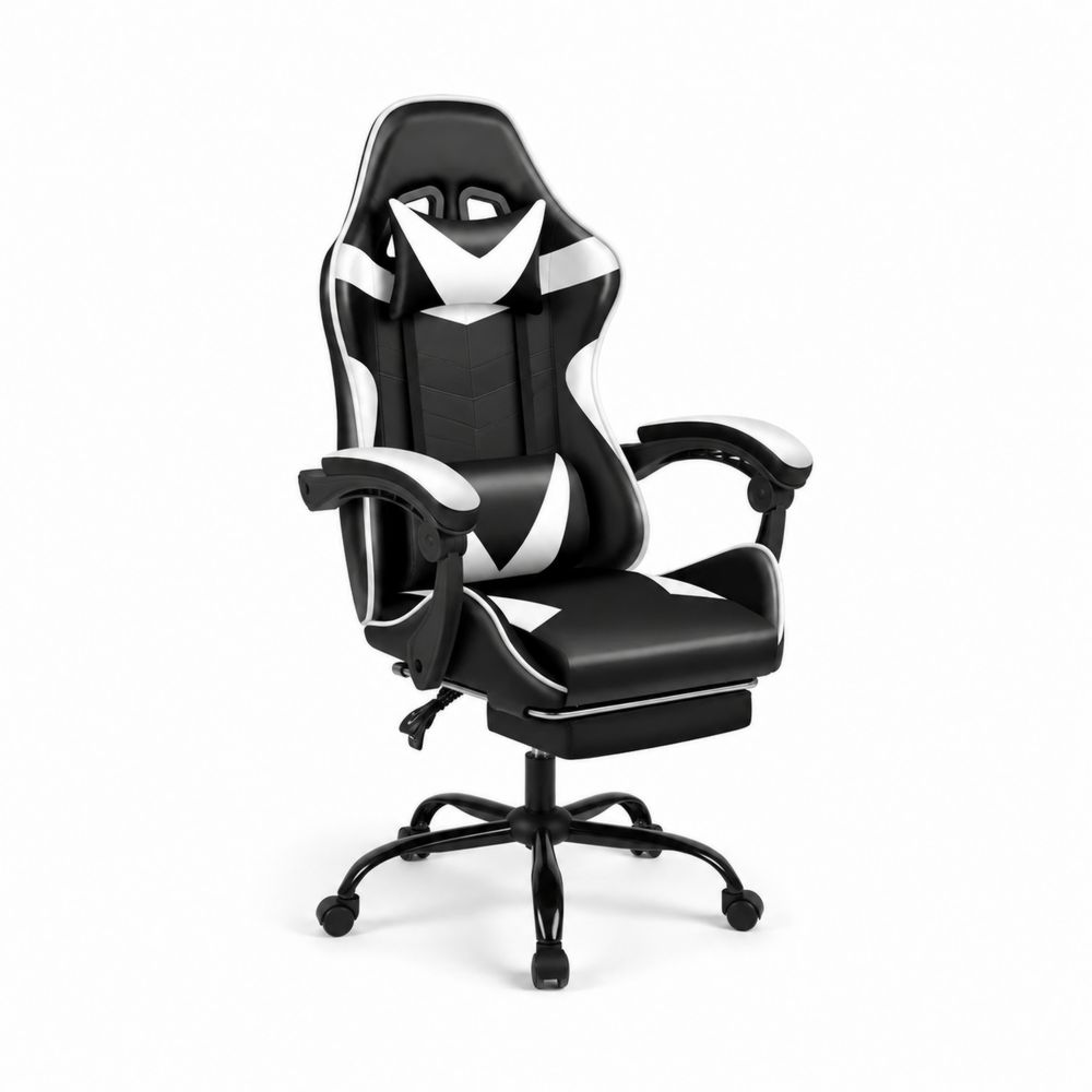 Chaise de bureau en cuir synthétique noir et blanc avec repose-pieds ajustable