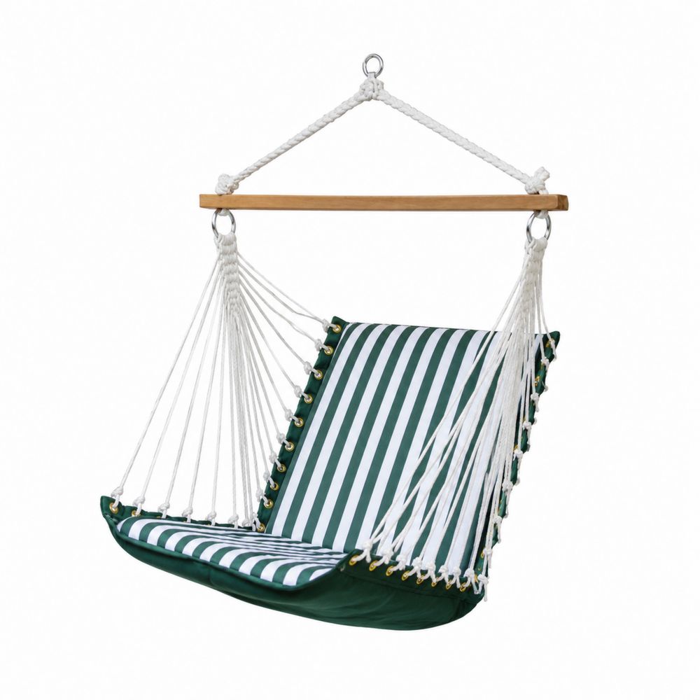 Chaise hamac suspendue en tissu rayé avec support en bois, Vert/Blanc