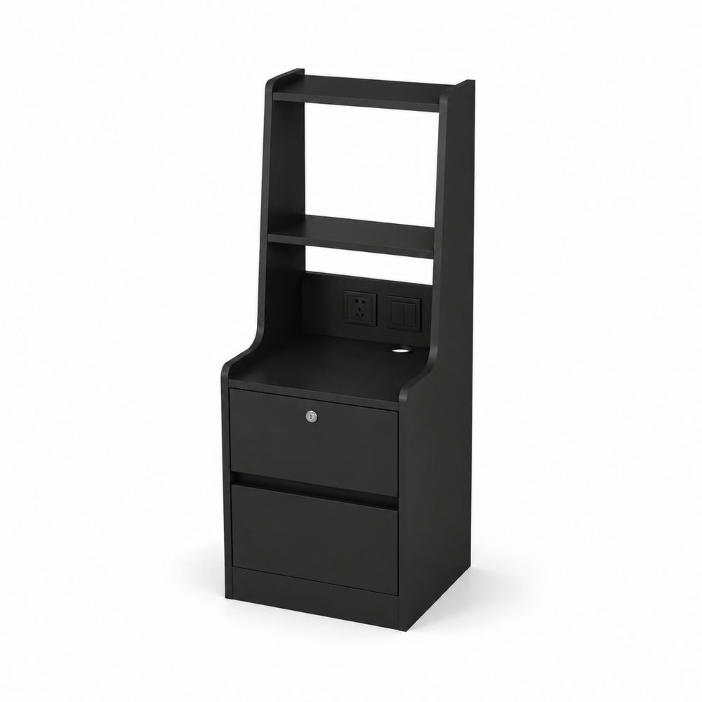 Meuble en bois MDF avec étagères et tiroirs, prises intégrées