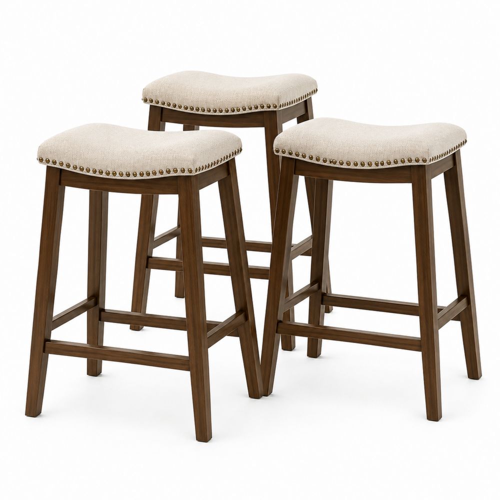Ensemble de 3 tabourets de bar en bois et tissu beige
