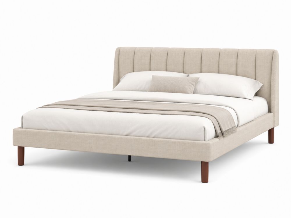 Lit double en tissu avec tête de lit capitonnée Beige
