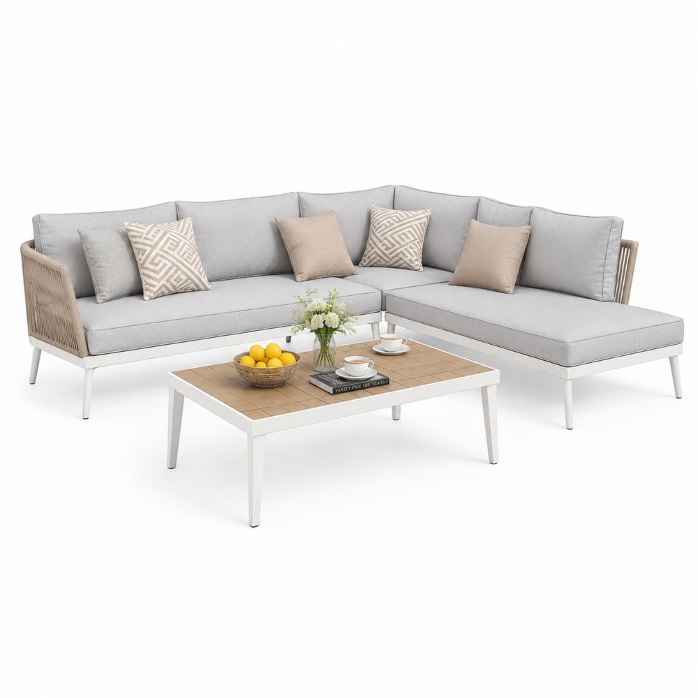 Canapé d'angle 5 places en aluminium et tissu Gris clair/Beige