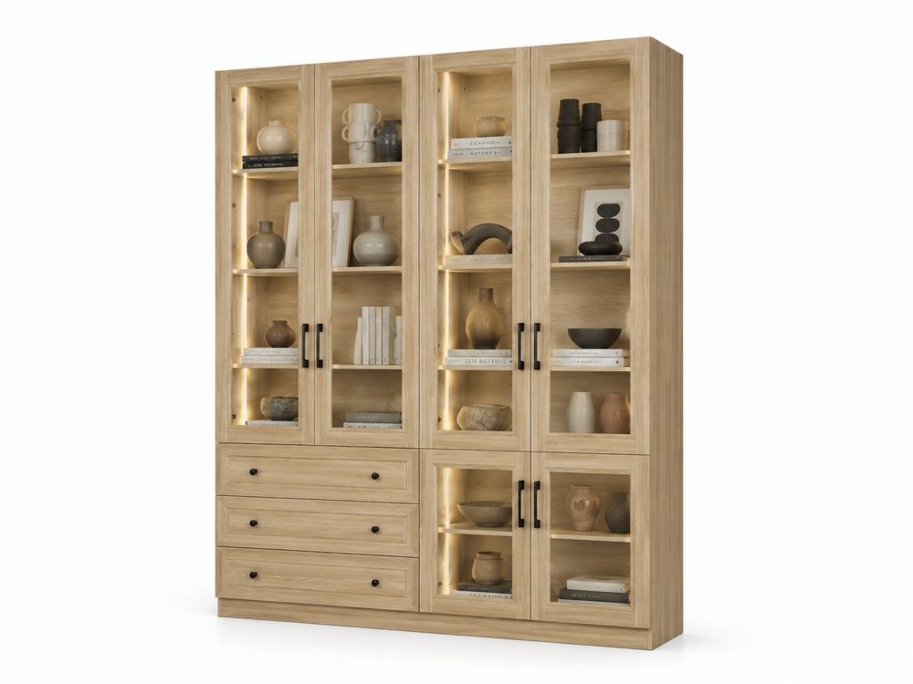 Bibliothèque en bois avec portes vitrées et éclairage LED 220x160x40 cm