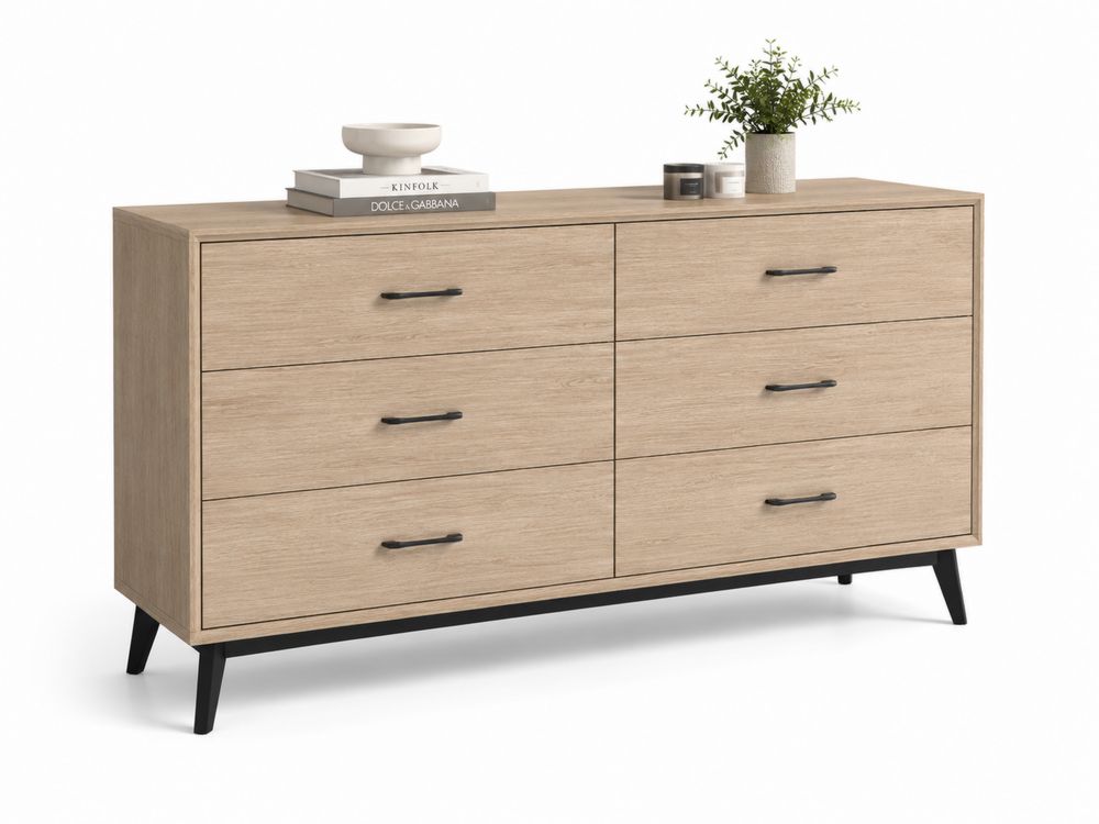 Commode en bois de chêne clair avec pieds en métal, 6 tiroirs, 140 cm