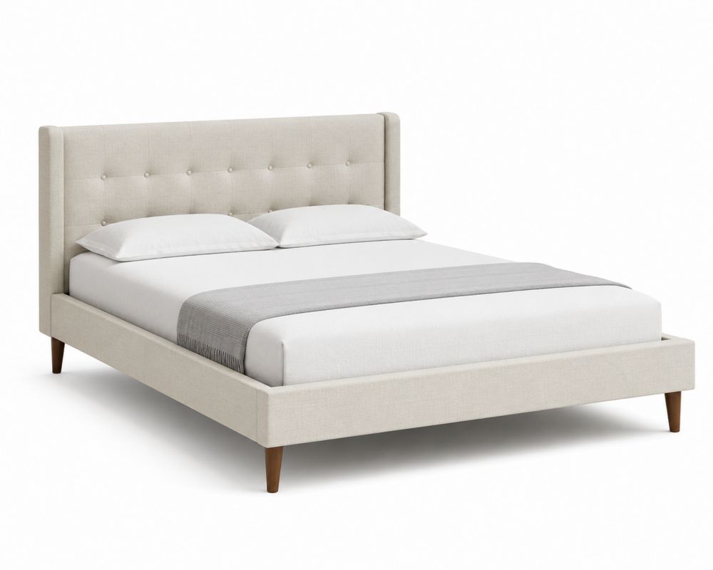 Lit double avec tête de lit capitonnée en tissu beige