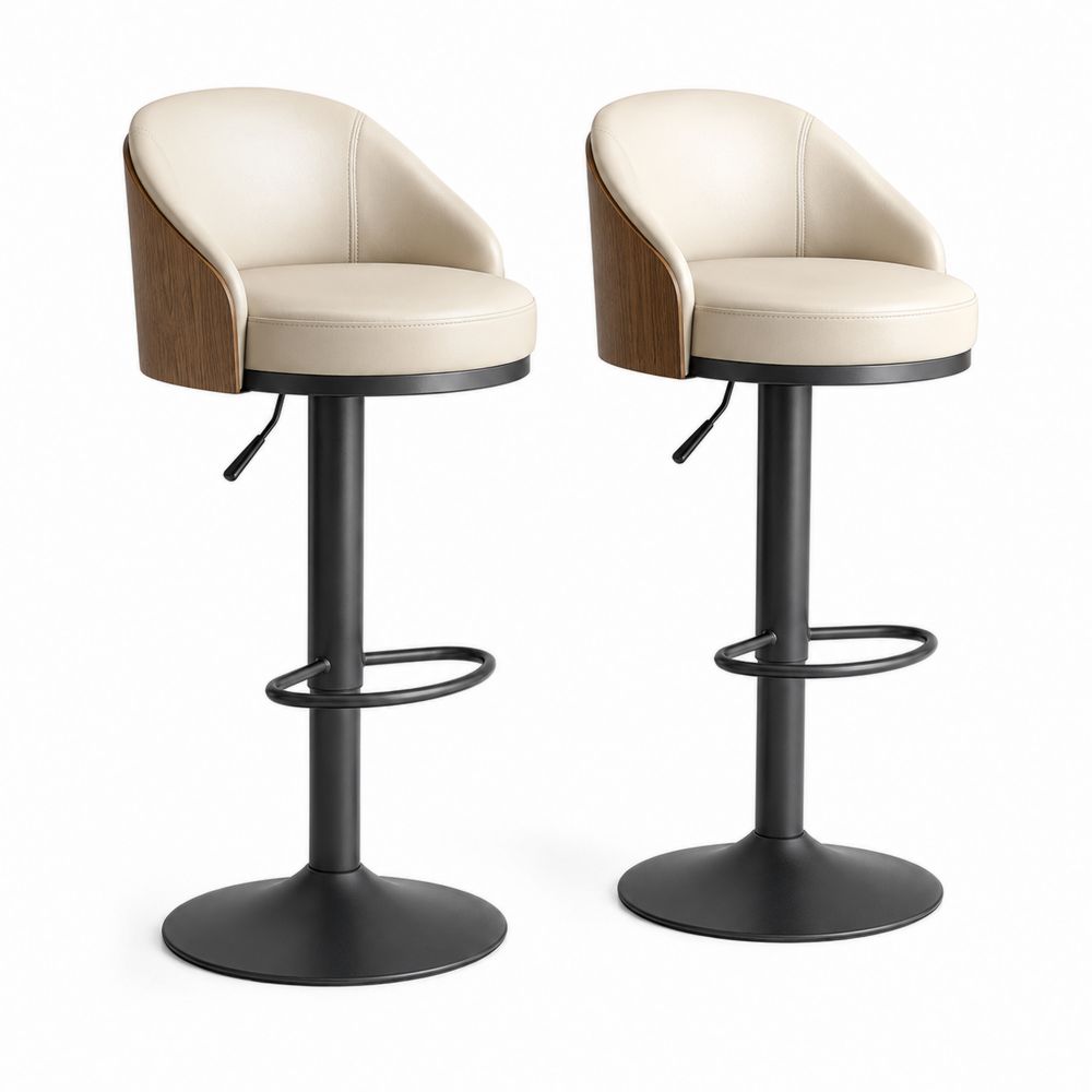 Tabourets de bar ajustables en cuir synthétique et bois avec base en métal noir